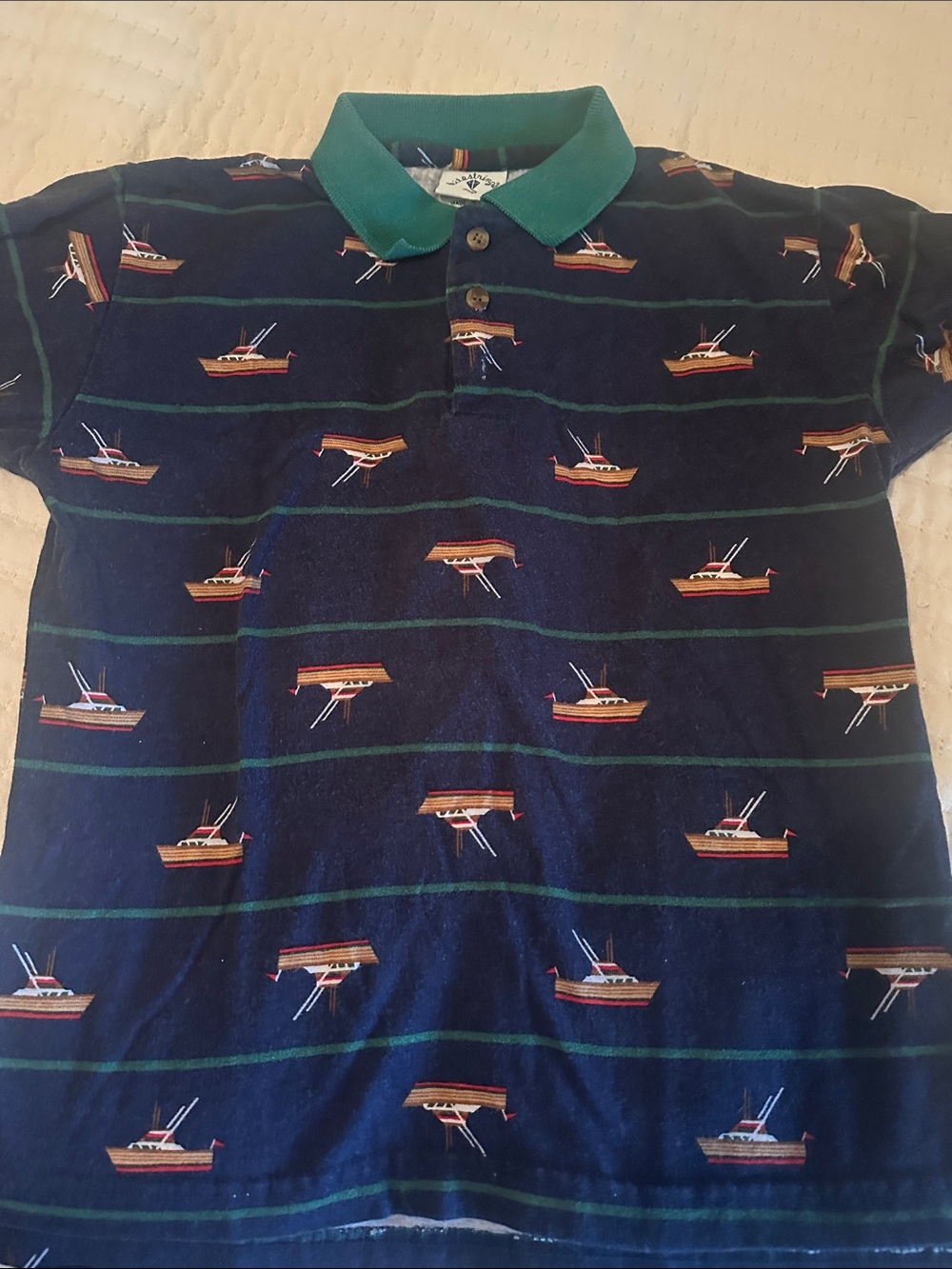 Boutique nautical Kitestrings size 7 Boys ' Navy Boat-Print Polo EUC
